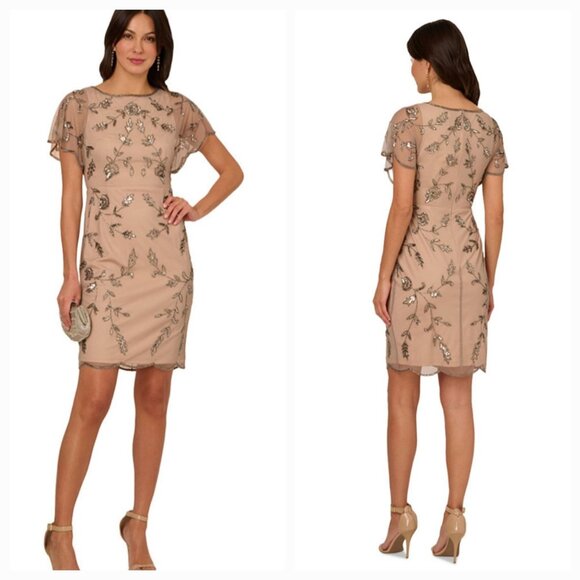Adrianna Papell Beaded and Sequins Flutter-Sleeve Blush-Pink Dress. Size 10 - Picture 1 of 15